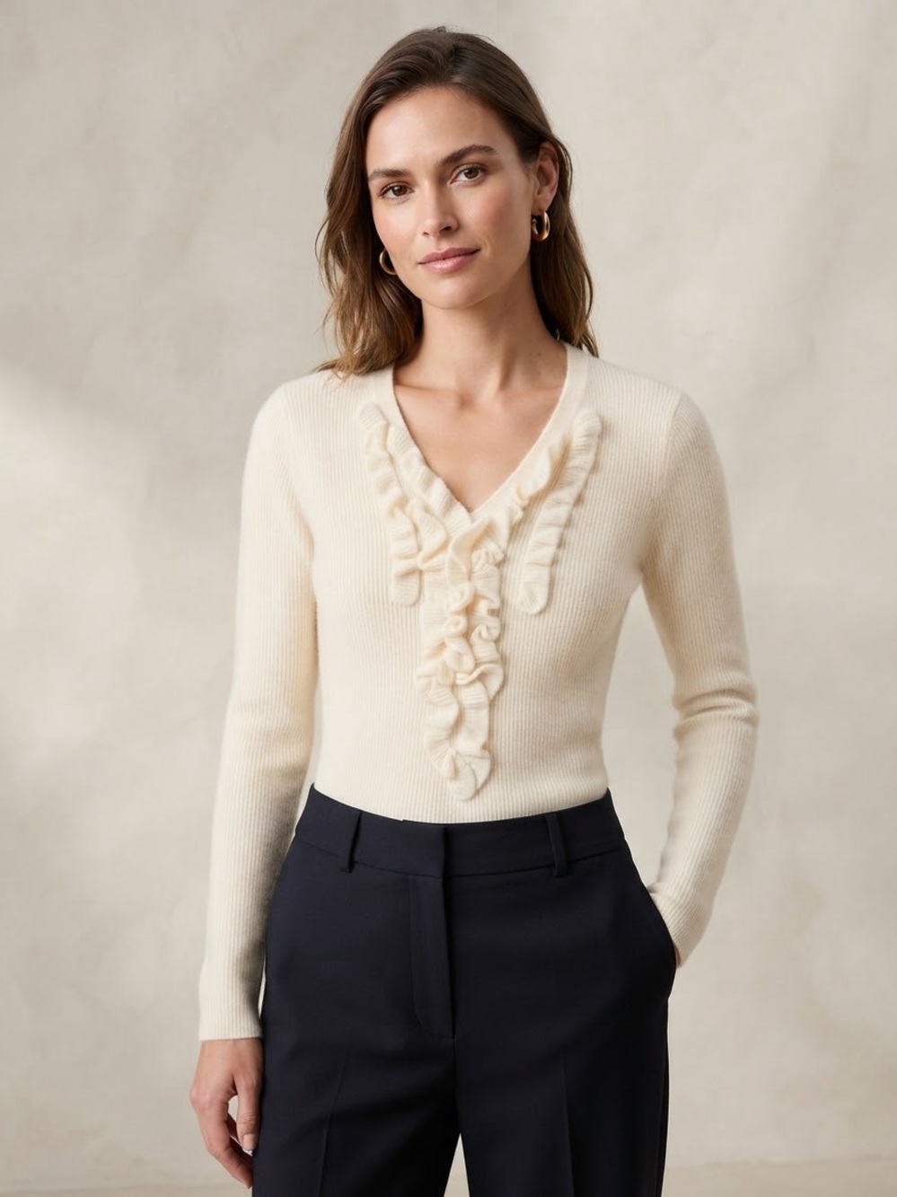 RED Valentino Cream Ruffle V-Neck Sweater XL